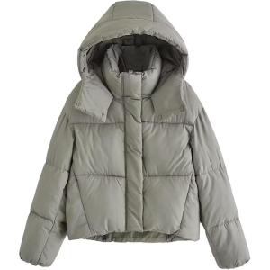 imageFlygo Womens Cropped Puffer Hooded Jacket Winter Lightweight Warm Coats OuterwearGreen