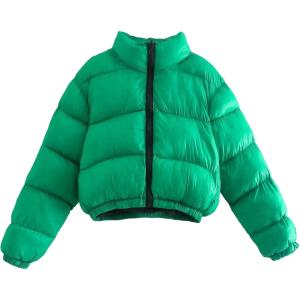 imageFlygo Womens Cropped Puffer Jacket Baggy Full Zip Quilted Padded Winter CoatGreen