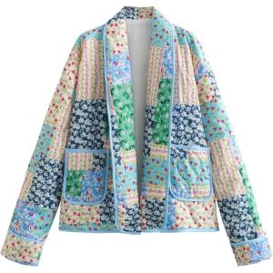 imageFlygo Womens Cropped Puffer Jacket Floral Print Quilted Coat Lightweight Warm Padded Down JacketsGreen