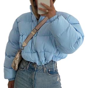 imageFlygo Womens Cropped Puffer Jacket Stand Collar Zip Up Winter Quilted Down CoatBlue