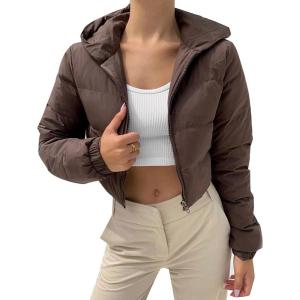 imageFlygo Womens Cropped Puffer Jacket Winter Padded Zip Up Hooded Puffy Bubble CoatCoffee
