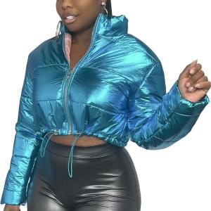 imageFlygo Womens Cropped Puffer JacketShiny Waterproof Stand Collar Warm Winter Lightweight CoatsBlue