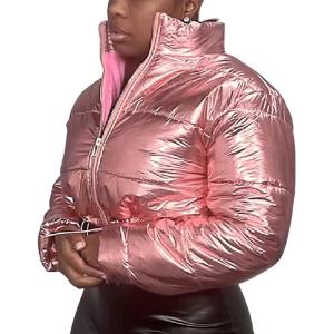 imageFlygo Womens Cropped Puffer JacketShiny Waterproof Stand Collar Warm Winter Lightweight CoatsPink