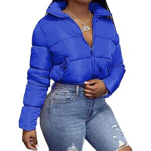 imageFlygo Womens Cropped Quilted Puffer Jacket Full Zip Winter Padded Bubble CoatBlue