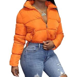 imageFlygo Womens Cropped Quilted Puffer Jacket Full Zip Winter Padded Bubble CoatOrange
