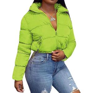 imageFlygo Womens Cropped Quilted Puffer Jacket Full Zip Winter Padded Bubble CoatYellow