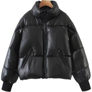 imageFlygo Womens Faux Leather Puffer Jacket Baggy Full Zip Padded Winter CoatBlack