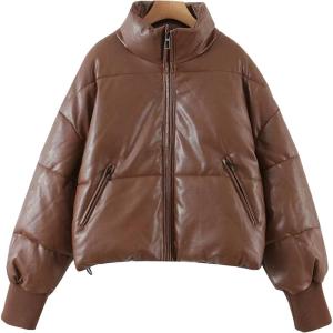 imageFlygo Womens Faux Leather Puffer Jacket Baggy Full Zip Padded Winter CoatBrown