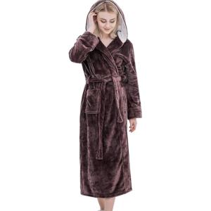 imageFlygo Womens Hooded Fleece Shawl Kimono Bathrobe Long Warm Flannel RobeCoffee