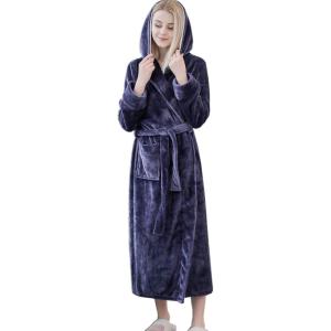 imageFlygo Womens Hooded Fleece Shawl Kimono Bathrobe Long Warm Flannel RobeNavy
