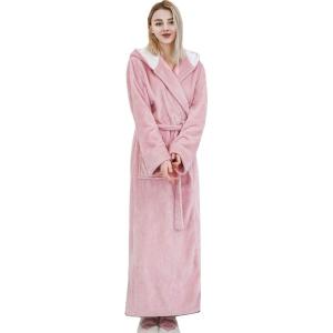 imageFlygo Womens Hooded Fleece Shawl Kimono Bathrobe Long Warm Flannel RobePink