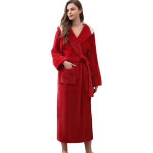 imageFlygo Womens Hooded Fleece Shawl Kimono Bathrobe Long Warm Flannel RobeRed