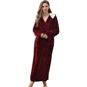 imageFlygo Womens Hooded Fleece Shawl Kimono Bathrobe Long Warm Flannel RobeWine Red