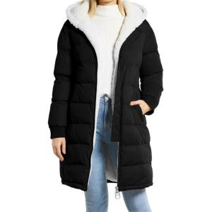 imageFlygo Womens Long Hooded Puffer Jacket Sherpa Fleece Lined Winter Warm CoatBlack