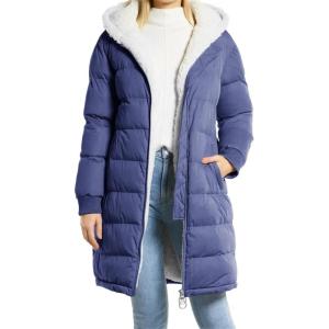 imageFlygo Womens Long Hooded Puffer Jacket Sherpa Fleece Lined Winter Warm CoatBlue