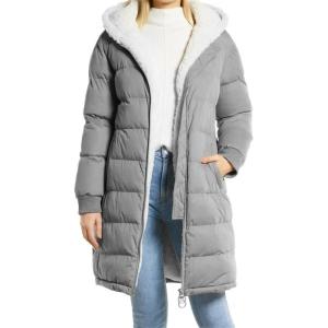 imageFlygo Womens Long Hooded Puffer Jacket Sherpa Fleece Lined Winter Warm CoatGrey