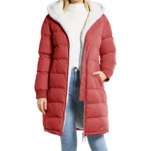 imageFlygo Womens Long Hooded Puffer Jacket Sherpa Fleece Lined Winter Warm CoatWine Red