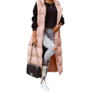 imageFlygo Womens Long Puffer Maxi Length Vest Quilted Padded Vests Sleeveless Hooded Insulated Down Jackets OuterwearPink