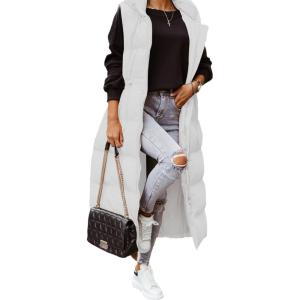 imageFlygo Womens Long Puffer Maxi Length Vest Quilted Padded Vests Sleeveless Hooded Insulated Down Jackets OuterwearWhite