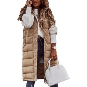 imageFlygo Womens Mid Long Hooded Down Vest Lightweight Quilted Puffer Jacket OutwearKhaki