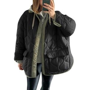 imageFlygo Womens Oversized Puffer Jacket Colorblock Patchwork Button Down Collarless Lightweight Winter Warm CoatBlack