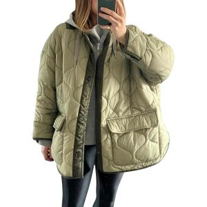 imageFlygo Womens Oversized Puffer Jacket Colorblock Patchwork Button Down Collarless Lightweight Winter Warm CoatGreen