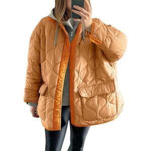 imageFlygo Womens Oversized Puffer Jacket Colorblock Patchwork Button Down Collarless Lightweight Winter Warm CoatOrange