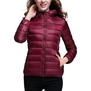 imageFlygo Womens Packable Lightweight Hooded Down Quilted Puffer Jacket Short CoatWine Red