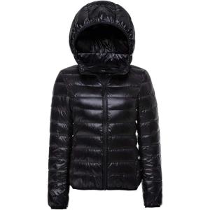 imageFlygo Womens Packable Lightweight WaterResistant Hooded Quilted Down Puffer JacketBlack