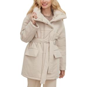 imageFlygo Womens Quilted Puffer Jacket Stand Collar Full Zip MidLength Parka Jackets Warm Winter Coats with BeltBeige
