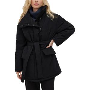 imageFlygo Womens Quilted Puffer Jacket Stand Collar Full Zip MidLength Parka Jackets Warm Winter Coats with BeltBlack