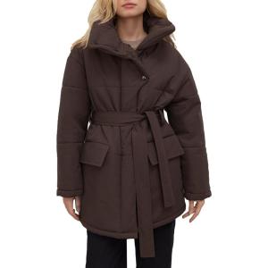 imageFlygo Womens Quilted Puffer Jacket Stand Collar Full Zip MidLength Parka Jackets Warm Winter Coats with BeltBrown