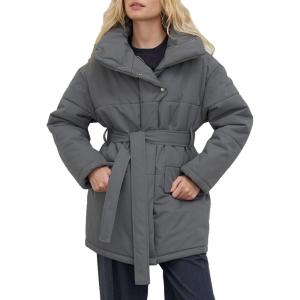 imageFlygo Womens Quilted Puffer Jacket Stand Collar Full Zip MidLength Parka Jackets Warm Winter Coats with BeltGrey