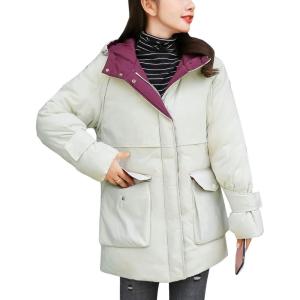 imageFlygo Womens Quilted Winter Coats Hooded Mid Length Puffer Parka JacketBeige