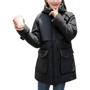 imageFlygo Womens Quilted Winter Coats Hooded Mid Length Puffer Parka JacketBlack