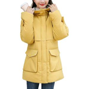 imageFlygo Womens Quilted Winter Coats Hooded Mid Length Puffer Parka JacketYellow