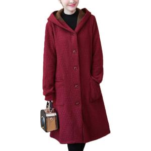 imageFlygo Womens Thicken Hooded Puffer Jacket Loose Fit Mid Length Parka Coat CardiganWine Red