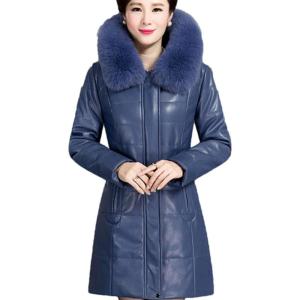 imageFlygo Womens Thicken Quilted Down Puffer Jacket with Removable Faux Fur Trim HoodBlue