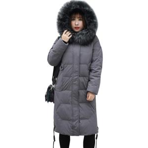 imageFlygo Womens Thickened Removable Fur Hooded Long Down Jacket Parka Puffer Coat 3XLGrey