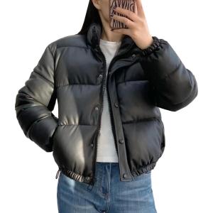 imageFlygo Womens Winter Baggy Puffer Jacket Full Zip Cropped Quilted Bubble CoatBlack