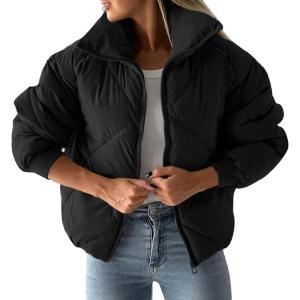 imageFlygo Womens Winter Crop Down Jacket Zipper Quilted Puffer Short Coat Bubble Warm Padded OuterwearBlack