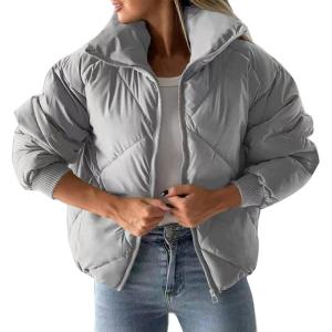 imageFlygo Womens Winter Crop Down Jacket Zipper Quilted Puffer Short Coat Bubble Warm Padded OuterwearGrey