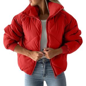imageFlygo Womens Winter Crop Down Jacket Zipper Quilted Puffer Short Coat Bubble Warm Padded OuterwearRed