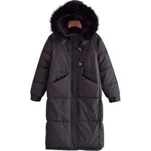 imageFlygo Womens Winter Long Down Coat Padded Hooded Puffer Jacket with Fur CollarBlack