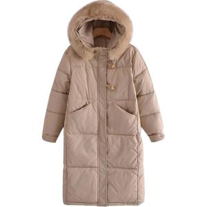 imageFlygo Womens Winter Long Down Coat Padded Hooded Puffer Jacket with Fur CollarKhaki