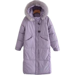 imageFlygo Womens Winter Long Down Coat Padded Hooded Puffer Jacket with Fur CollarPurple