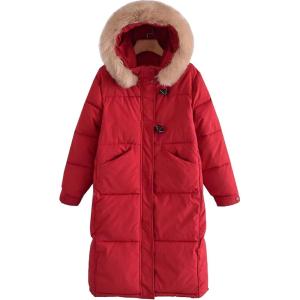 imageFlygo Womens Winter Long Down Coat Padded Hooded Puffer Jacket with Fur CollarRed