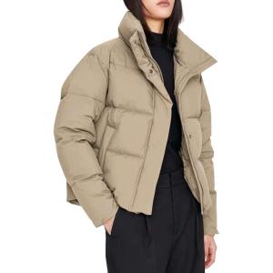 imageFlygo Womens Winter Long Sleeve Zip Up Puffer Jacket Baggy Crop Quilted Down CoatKhaki