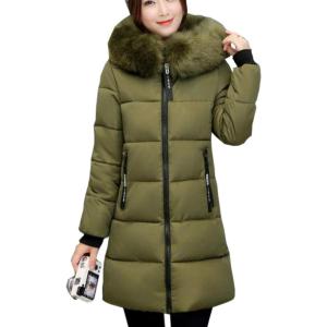imageFlygo Womens Winter Mid Puffy Down Jacket Parka Coats with Fur Hooded Windproof Puffer CoatArmy Green