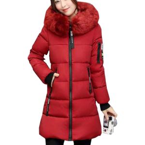 imageFlygo Womens Winter Mid Puffy Down Jacket Parka Coats with Fur Hooded Windproof Puffer CoatRed